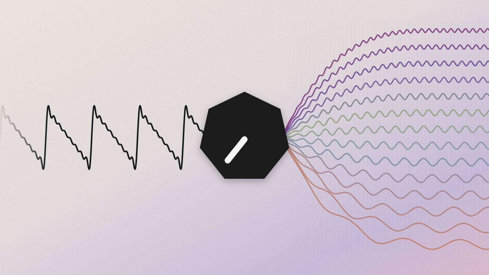 A saw wave passing through a heptagon and splitting into many colored sine waves
