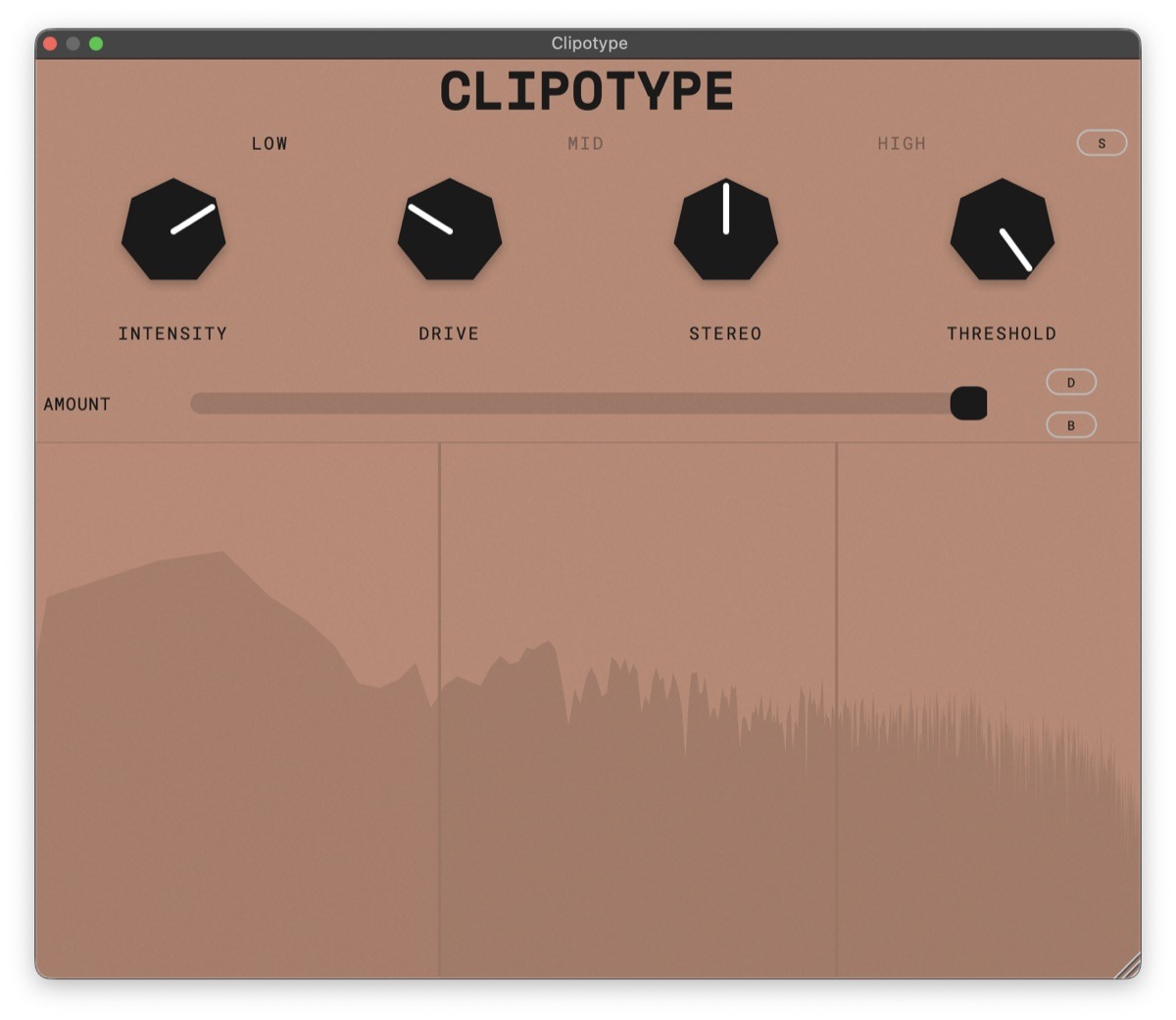 Clipotype with the low band selected: the window takes on the band's terracotta colour, and the spectrum analyzer is split into low, mid and high bands.