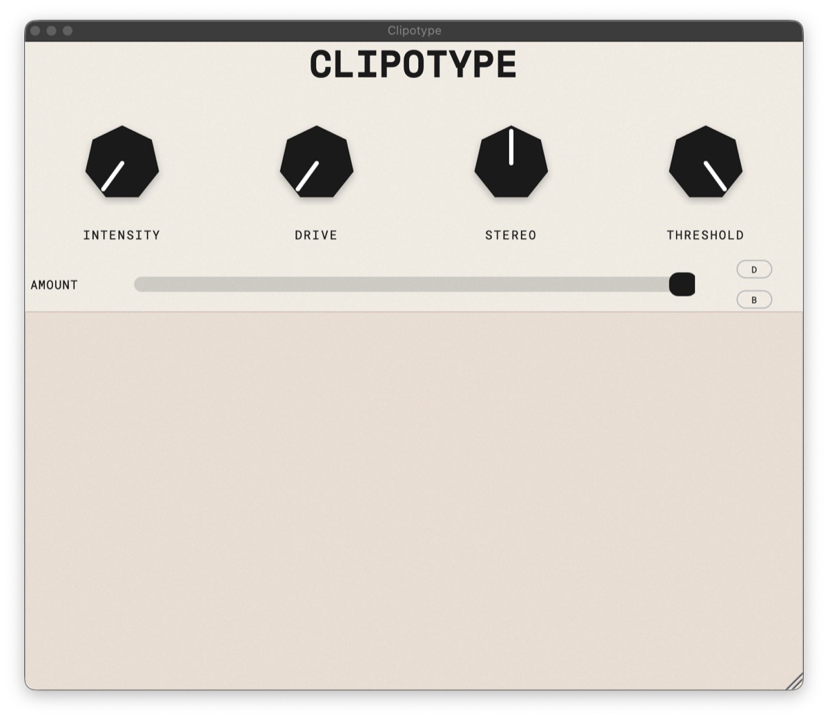 Clipotype main view with the knobs and the Amount slider above an empty spectrum.